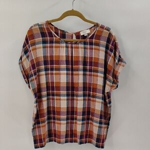 LOFT Top Size Large Plaid Multicolor Short Sleeve Light Weight